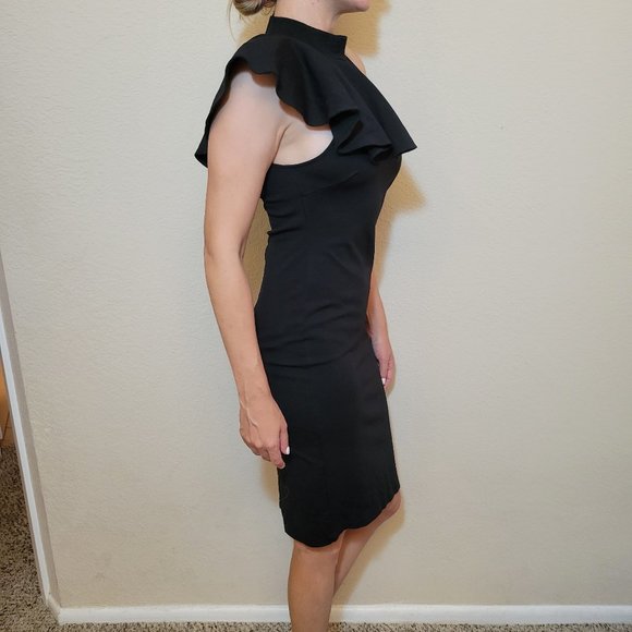 Black Dress Juniors Medium Knee Length One Sleeve Pencil Straight Ruffle Midi - Picture 4 of 5